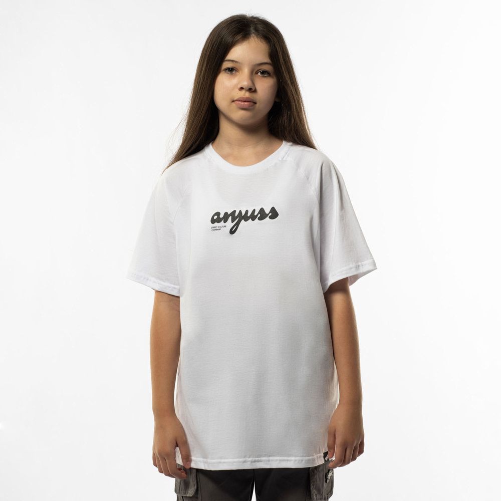 Camiseta juvenil anjuss script Branco 08
